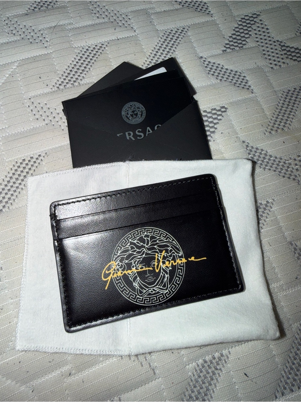 Versace Black Leather Card Holder with Gold Signature and Silver Medusa Logo